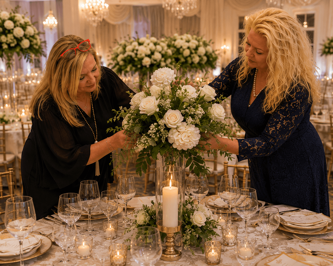 Fields & Parks styling a reception centerpiece of white roses and greenery by candlelight